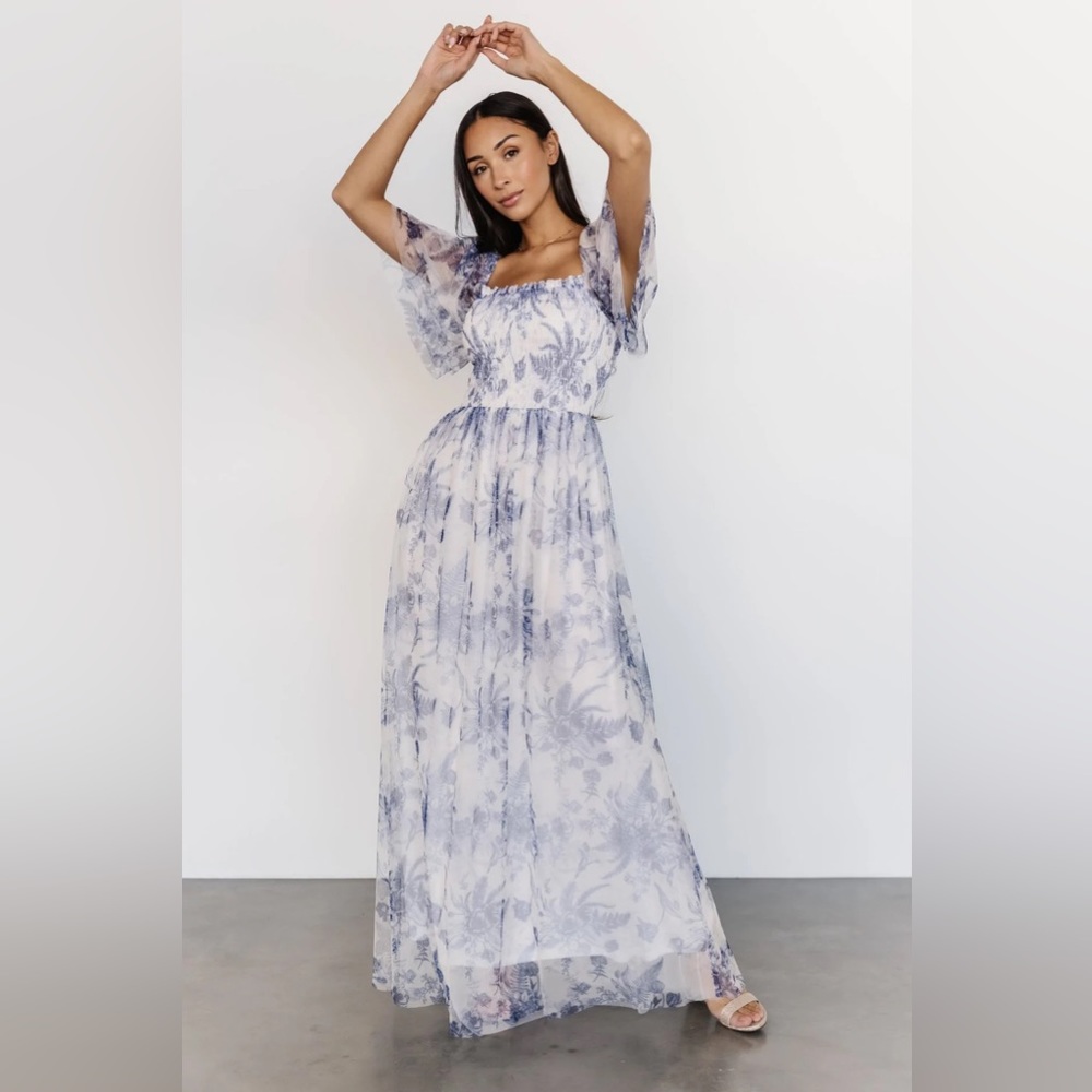 Baltic Born Cassandra Tulle Maxi Dress in Blue & White Floral print. Worn once